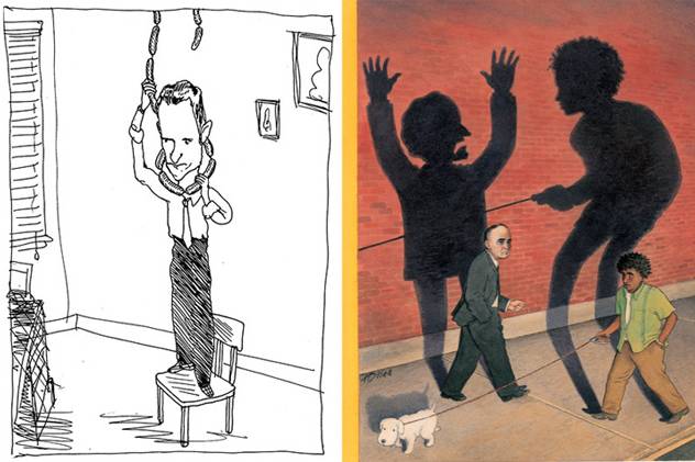 Two rejected covers: Barry Blitt's "weiner" joke, and Harry Bliss' response to Mayor Giuliani's reluctance to investigate the torture of Abner Louima